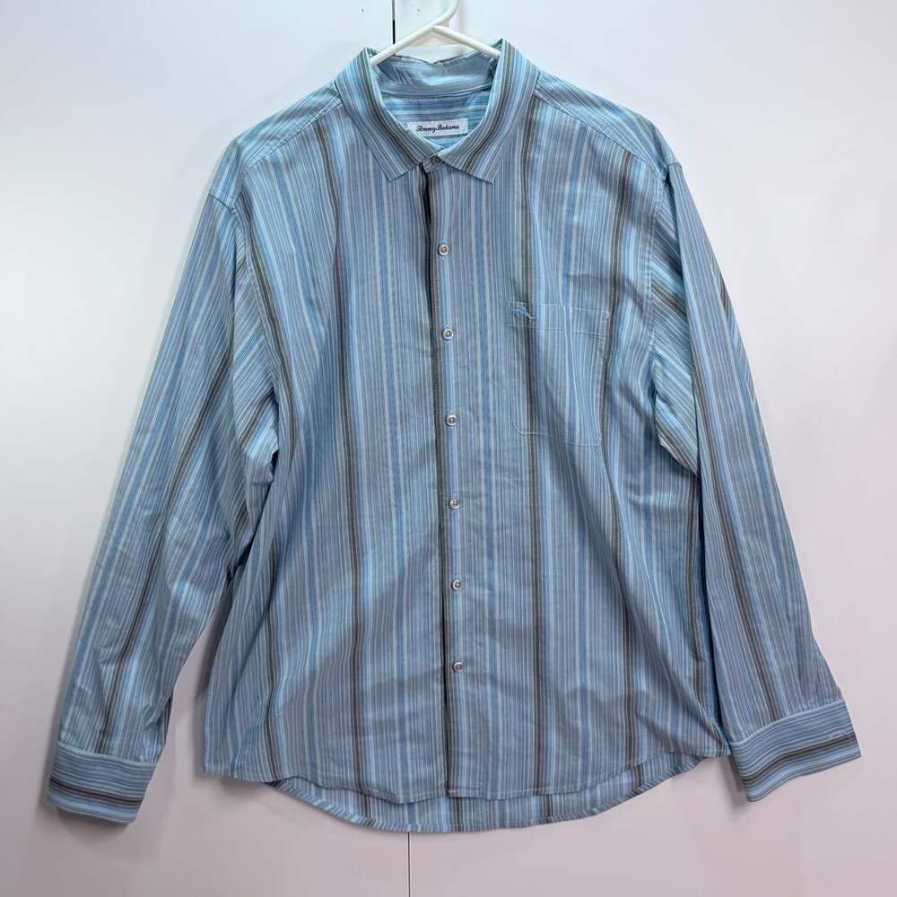 Tommy Bahama Men's Long Sleeve Button Down Shirt, Blue/Gray Striped, Size L/G